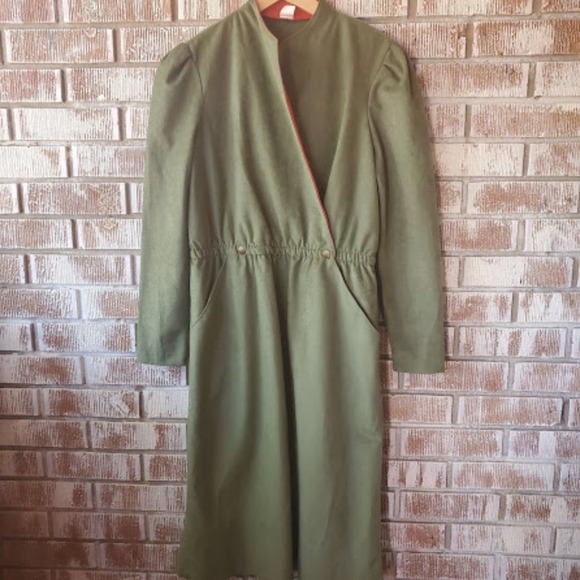 Vintage Green Wrap Dress Coral Trim Button Waist Pockets Long Sleeve Midi - Picture 5 of 6